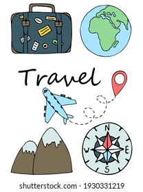 Vector travel doodle set with suitcase, airplane, Earth, mountains, compass. Isolated elements