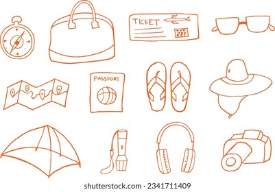 Vector travel doodles set, bag, glasses, ticket, passport, hat, headphones, map, tent, torch