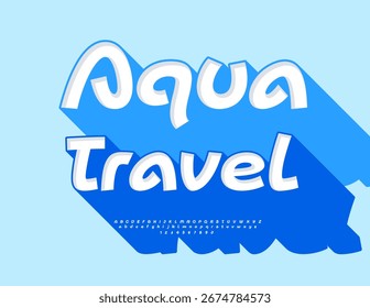 Emblema de viaje de Vector Aqua Travel. Fuente creativa. con Big Blue Shadow. Conjunto decorativo de letras y números del alfabeto 3D.