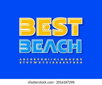 Vector travel emblem Best Beach with sunny Font. Yellow creative Alphabet Letters and Numbers set