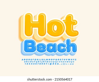 Vector travel Emblem Hot Beach. Blue 3D Font. Creative Alphabet Letters, Number and Symbols