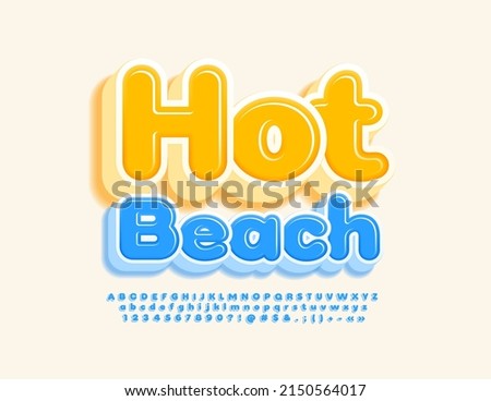 Vector travel Emblem Hot Beach. Blue 3D Font. Creative Alphabet Letters, Number and Symbols