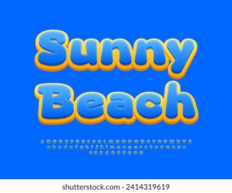 Vector travel Emblem Sunny Beach. Blue and Yellow cool Font. Trendy Alphabet Letters, Numbers and Symbols.