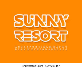 Vector travel emblem Sunny Resort with sticker style Font. Yellow Alphabet Letters and Numbers set