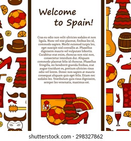 Vector travel europe concept with line background and cartoon drawn objects on Spain theme: flag, bull, ball, flamenco, guitar, jamon for your design