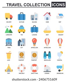 vector travel flat color.icon set.contains car, suitcase, city, hotel, stay, ship, mountain, taxi, passport, travel, hot air balloon, juice, tent, lifeguard, diving, exploring. editable stroke.