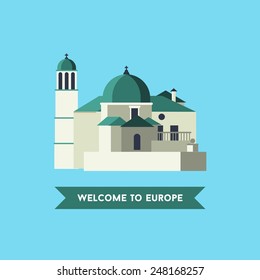 Vector travel flat icon with churches with blue domes. Welcome to Europe. Travel icon.