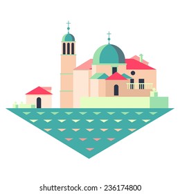 Vector travel flat icon with red tile house. Welcome to Serbia. 