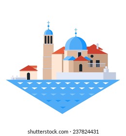 Vector travel flat icon with red tile house and the church in the East Europe.