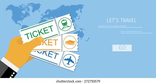 Vector travel flat illustration. Hand and tickets. Transportation concept.