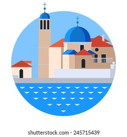 Vector travel flat round icon with Christianity church,  red tile house and water. Welcome to Serbia. 