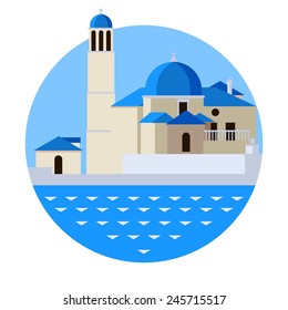 Vector travel flat round icon with Christianity church with blue domes and water. Welcome to Greece. 