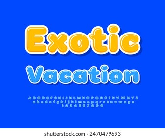 Vector travel flyer Exotic Vacation. Trendy Blue Font. Glossy Alphabet Letters and Numbers set..