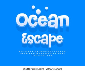 Vector Travel flyer Ocean Escape. Playful White Font. Artistic 3D Alphabet Letters and Numbers set.