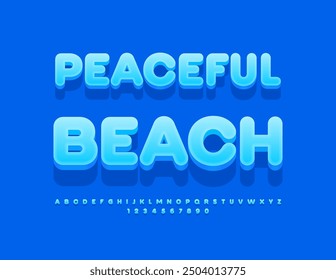 Vector travel flyer Peaceful Beach. Blue 3D Font. Cute Bold Alphabet Letters and Numbers set.
