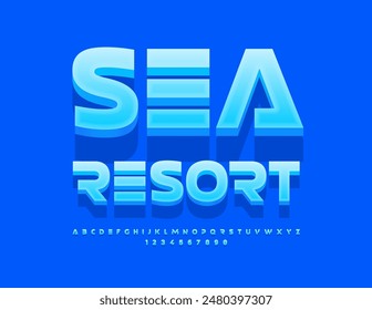Vector travel flyer Sea Resort. Futuristic Blue Font. Modern Trendy  Alphabet Letters and Numbers set
