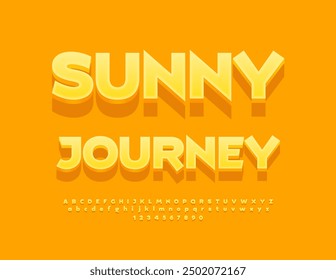 Vektor Reisen Flyer Sunny Journey. Kreative gelbe Schriftart. Dekorative Alphabet Buchstaben und Zahlen gesetzt