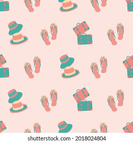 Vector travel fun seamless pattern background with flip flops, hats, suitcases, Feminine repeat backdrop with pink, aqua blue vacation icons. All over print for summer, beach holiday concept