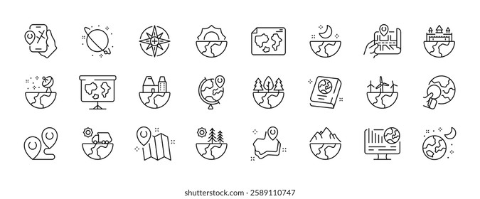 Vector travel and geography icons for maps and exploration concepts.