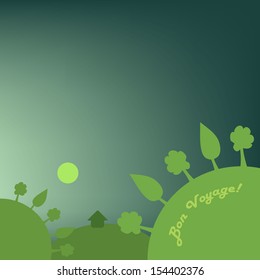 Vector Travel and Holiday Background Design in Green and Blue with Forest and Hills and Trees  