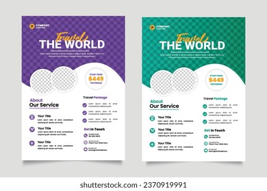 diseño de folleto de viajes vectoriales y portada de folletos para agencia de viajes con detalles de contacto y lugar