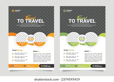 vector travel holiday flyer design and brochure cover page template for travel agency with contact and venue details