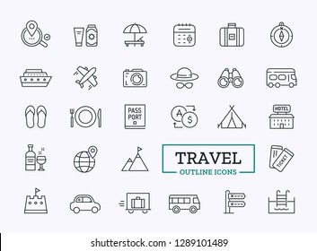 Vector Travel and hospitality thin line Icons. Symbol of hotel, car, bus, lunch, tent