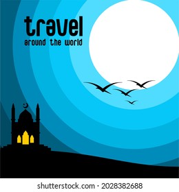 vector travel icon with a blue sun in the background