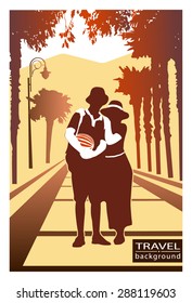 Vector travel icon. Exotic park. Silhouette of loving couple with watermelon.