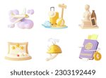 Vector travel icon set. Airplane flights, tickets and passport, beach vacation, museums and exhibitions, hotel booking, restaurants and local cuisine