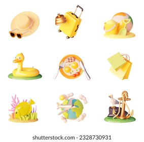 Vector travel icon set. Airplane flights, beach vacation, hotel booking, sea tours, shopping, restaurants, entertainment for children, swimming and snorkeling