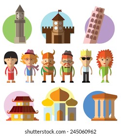 Vector travel icons ans characters in flat design