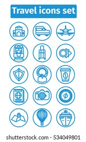 Vector travel icons set in d blue color isolated on white background.