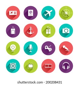 Vector Travel Icons Set in Flat Design with Long Shadows on circle buttons with ticket passport airplane compass bag anchor gift camera web-camera mic game speaker TV cinema headphones signs