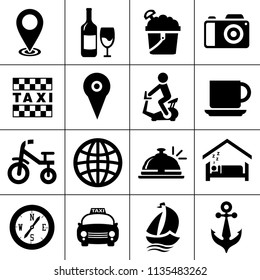 vector travel icons, vacation and tourism icons, hotel sign and symbols