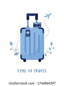 Vector travel illustration along with luggage, baggage a suitcase and a camera. Vacation, holiday, recreation. Summer. Time to travel. Airplanes, flights, abroad. Blue. On white background. Eps 10