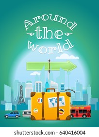 Vector travel illustration with the bag. Around the world