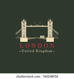 Vector travel illustration, banner or icon. London Bridge Logo. Tower Bridge. Attraction of the capital of England. English architectural landmark. United Kingdom