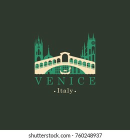 Vector travel illustration, banner or icon. Rialto bridge logo. Ponte di Rialto and the gondola on a background of the old buildings of Venice. Venice Landmark. Italian architectural attraction