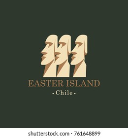 Vector travel illustration, banner or logo. The Moai statues of Easter island, Polynesia, Chili. Stone idols of Rapa Nui island. World attraction