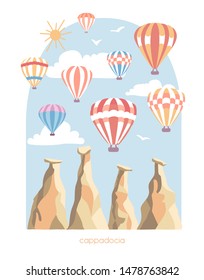 Vector travel illustration of Cappadocia, Turkey. Modern flat illustration of a famous turkish landmark. The fairy chimneys, rocks, stones, bright colorful hot air ballons. Vertical banner design.