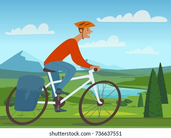 Vector travel illustration with nature and a tourist character riding a bike