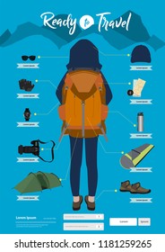 Vector travel items and objects. Traveling ready to travel like backpack ideas concept