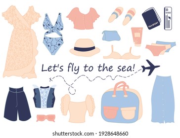 Vector Travel items. Women's baggage for travel to the sea. Summer сlothes, passport, ticket, bag, glasses, hat, sun cream, cosmetic bag, swimsuit, underwear, flip flops. Flat style