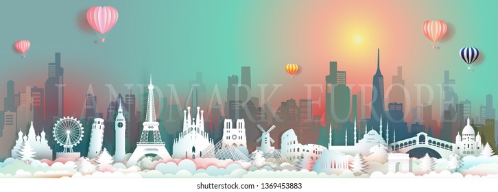 Vector travel landmarks of Europe with skyscraper and colorful sunrise, Traveling world famous capital architecture panorama city popular tower landmark, Origami paper art gradient for postcard tour.