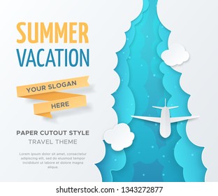 Vector travel landscape with 3D realistic paper cut out objects (airplane, clouds and ribbon). Template in paper style for design of flyers, leaflets and banners. Carving art with blue background.