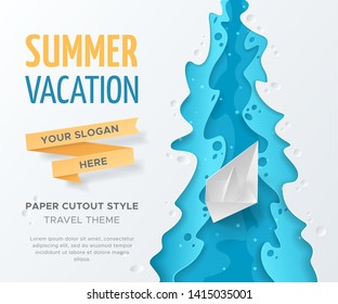 Vector travel landscape with 3D realistic waves and paper boat. Template in paper cut style with origami ship for design of flyers, leaflets and banners. Carving art with blue background.