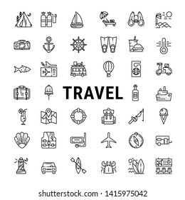 Vector Travel Line Icons: Beach, Camping, Mountains  Journey, Vacation, Cruise and Hotel Services.