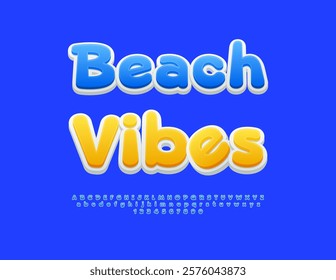 Vector Travel logo Beach Vibes. Cute Blue Font. Bright Set of Artistic Alphabet Letters and Numbers.
