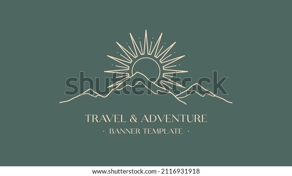 Vector travel logo design with snowcapped\
mountain landscape and sun.Boho linear icon or symbol in trendy\
minimalist style.Modern hike,camp or glamping resort label.Branding\
design,website banner.
